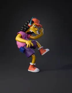 yellow cartoon character wearing headphones pink shirt purple shorts
