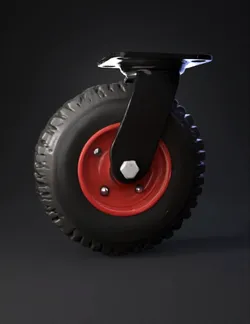 caster wheel with red hub and black tire mounted plate and bracket i