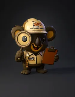koala mascot with magnifying glass and clipboard wearing a hard hat w
