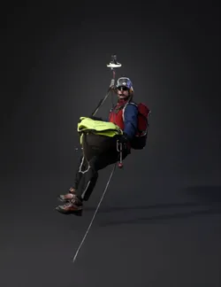 paraglider rider wearing blue jacket and red backpack harness and lin