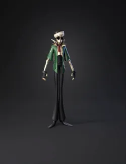 tall humanoid skeleton wearing a green coat gray shirt scarf and gl