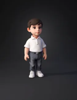 young male character wearing white polo shirt gray trousers and whit