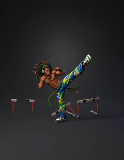 capoeira fighter performing a high kick in a vibrant street scene with