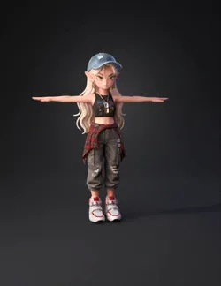 elf girl wearing cap cropped top cargo pants with plaid shirt tied a