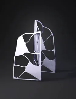 bronze metal sculpture with interconnected organic panels forming a sc