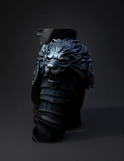knight armor with a lion headed shoulder pauldron metallic plates and