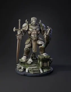 Giant armored warrior statue with ornate armor sword shield gray st
