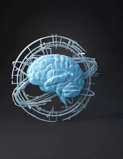 neon brain hologram surrounded by circular holographic rings