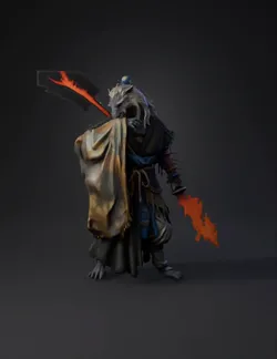 samurai warrior character with flaming sword ornate robes and armor